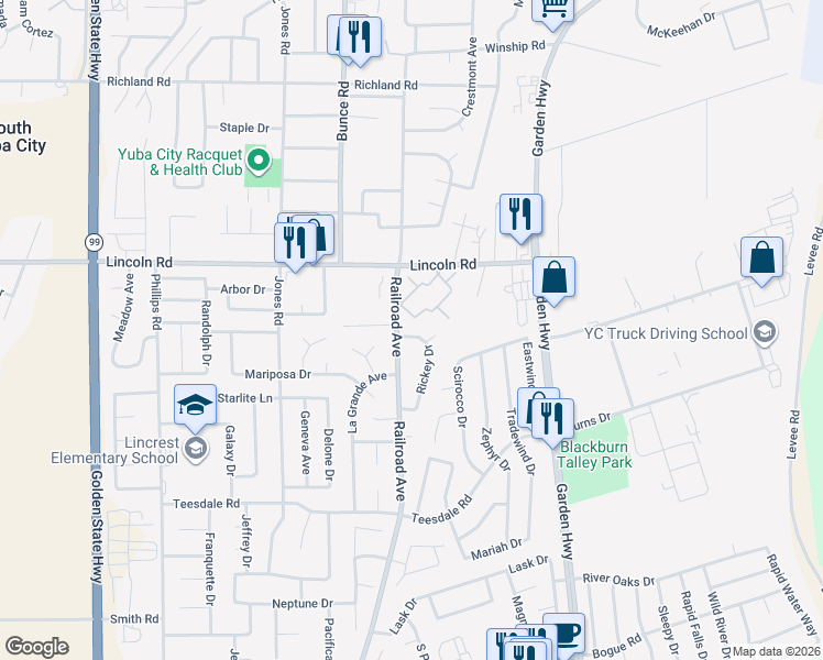 map of restaurants, bars, coffee shops, grocery stores, and more near 803 Graystone Court in Yuba City