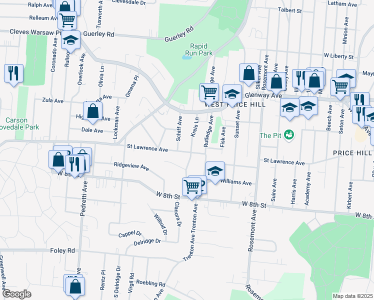 map of restaurants, bars, coffee shops, grocery stores, and more near 1011 Kreis Lane in Cincinnati