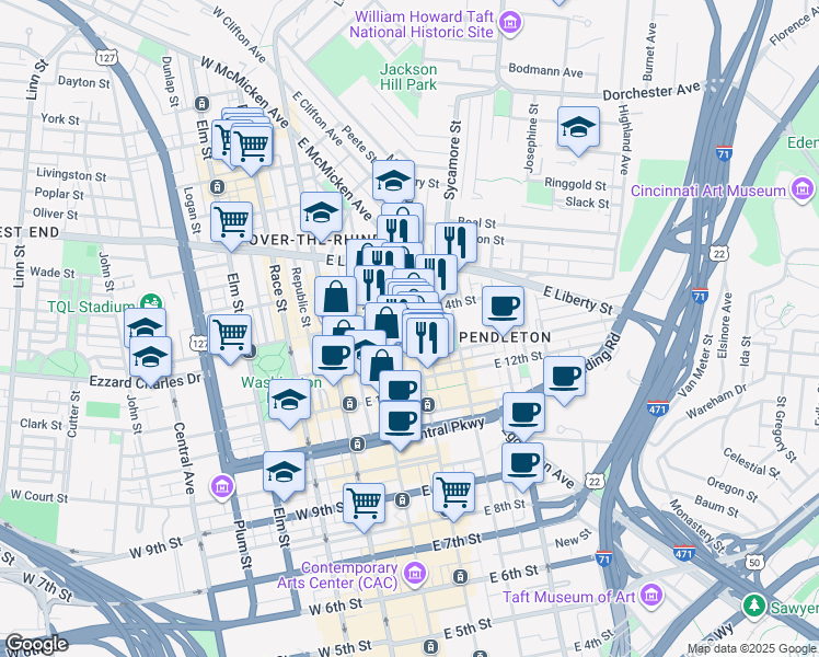 map of restaurants, bars, coffee shops, grocery stores, and more near 216 Woodward Street in Cincinnati