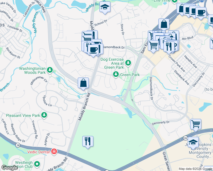 map of restaurants, bars, coffee shops, grocery stores, and more near 348 Whitcliff Court in Gaithersburg