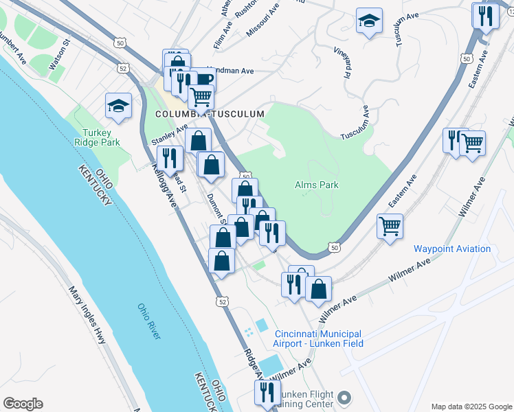 map of restaurants, bars, coffee shops, grocery stores, and more near 3905 Columbia Parkway in Cincinnati