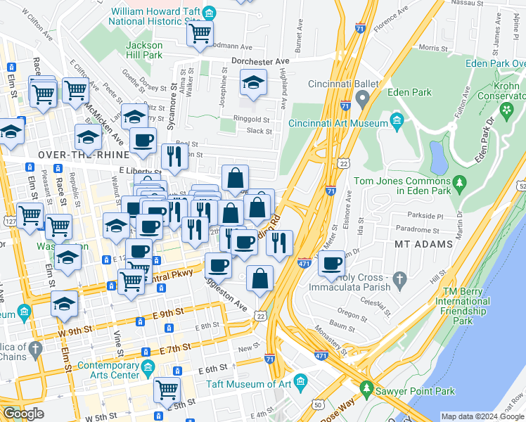map of restaurants, bars, coffee shops, grocery stores, and more near 532 East 13th Street in Cincinnati