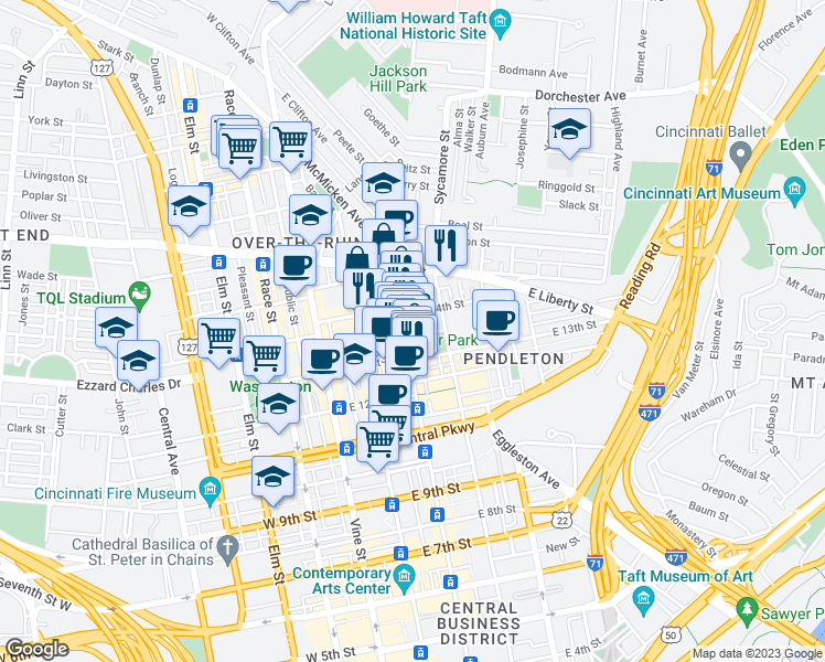map of restaurants, bars, coffee shops, grocery stores, and more near 216 Woodward Street in Cincinnati