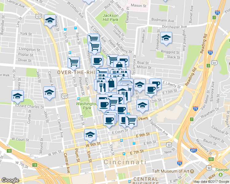 map of restaurants, bars, coffee shops, grocery stores, and more near 1335 Clay Street in Cincinnati