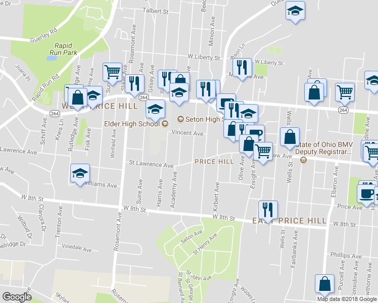map of restaurants, bars, coffee shops, grocery stores, and more near 1026 Beech Avenue in Cincinnati