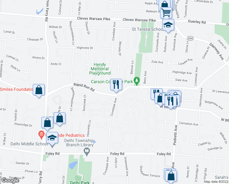 map of restaurants, bars, coffee shops, grocery stores, and more near 926 Seibel Lane in Cincinnati