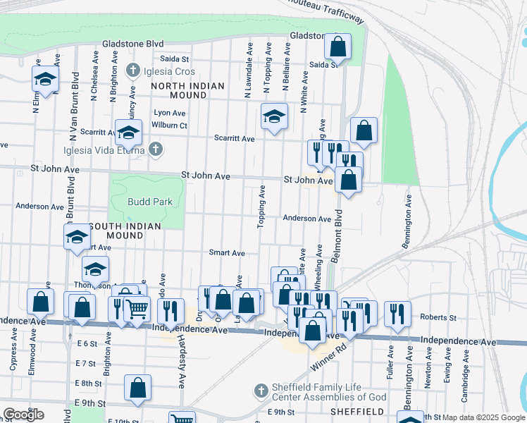 map of restaurants, bars, coffee shops, grocery stores, and more near 128 Bellaire Avenue in Kansas City