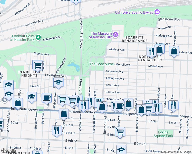 map of restaurants, bars, coffee shops, grocery stores, and more near 316 Benton Boulevard in Kansas City