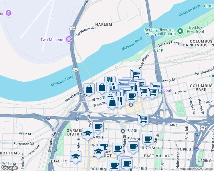 map of restaurants, bars, coffee shops, grocery stores, and more near 114 Delaware Street in Kansas City