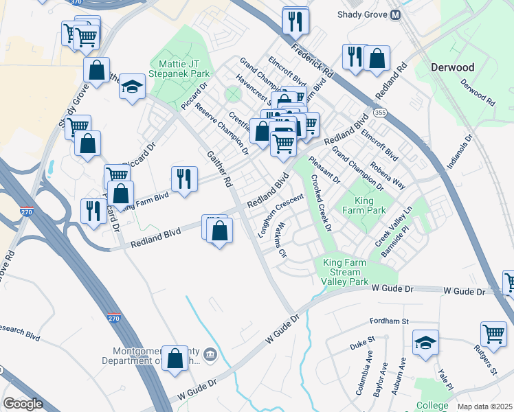 map of restaurants, bars, coffee shops, grocery stores, and more near 530 Redland Boulevard in Rockville
