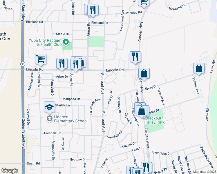 map of restaurants, bars, coffee shops, grocery stores, and more near 750 Lincoln Road in Yuba City