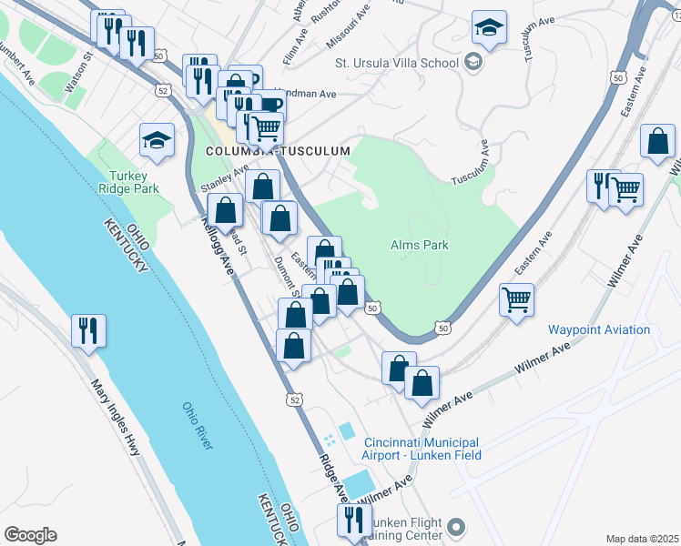 map of restaurants, bars, coffee shops, grocery stores, and more near 3905 Columbia Parkway in Cincinnati