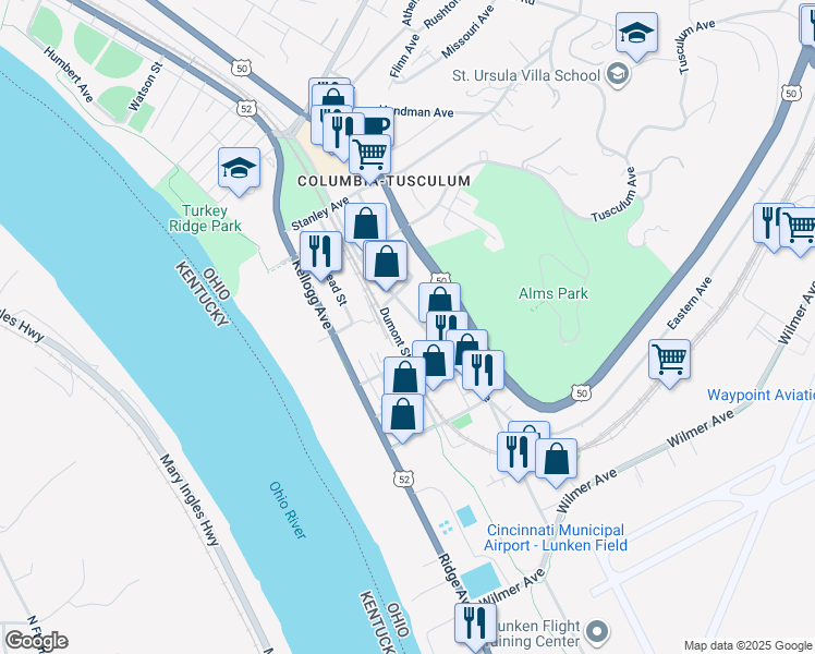 map of restaurants, bars, coffee shops, grocery stores, and more near 3833 Eastern Avenue in Cincinnati