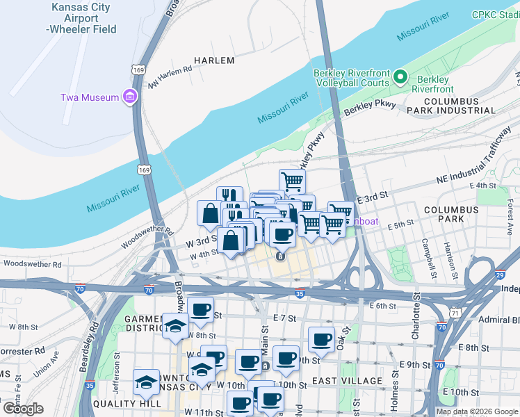 map of restaurants, bars, coffee shops, grocery stores, and more near 136 Main Street in Kansas City