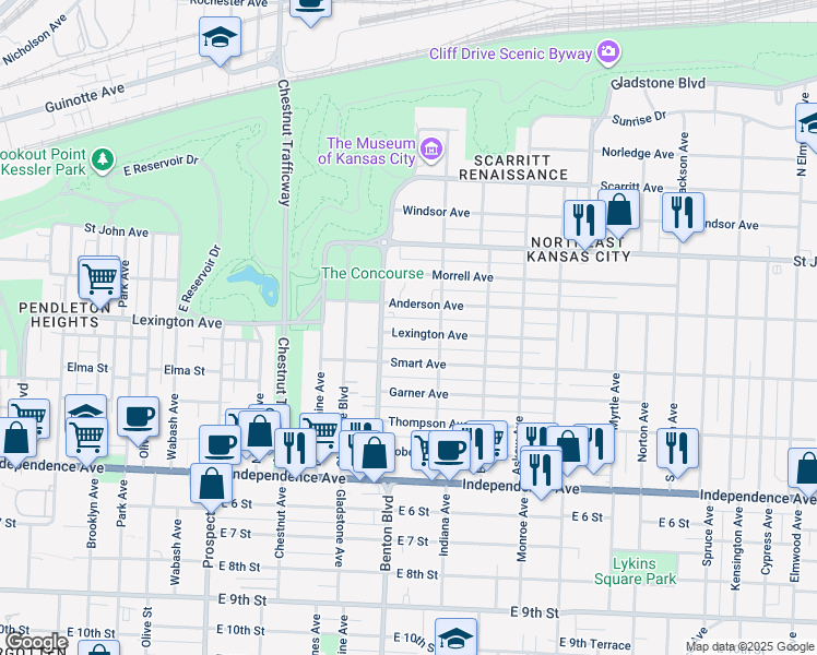 map of restaurants, bars, coffee shops, grocery stores, and more near 3220 Lexington Avenue in Kansas City