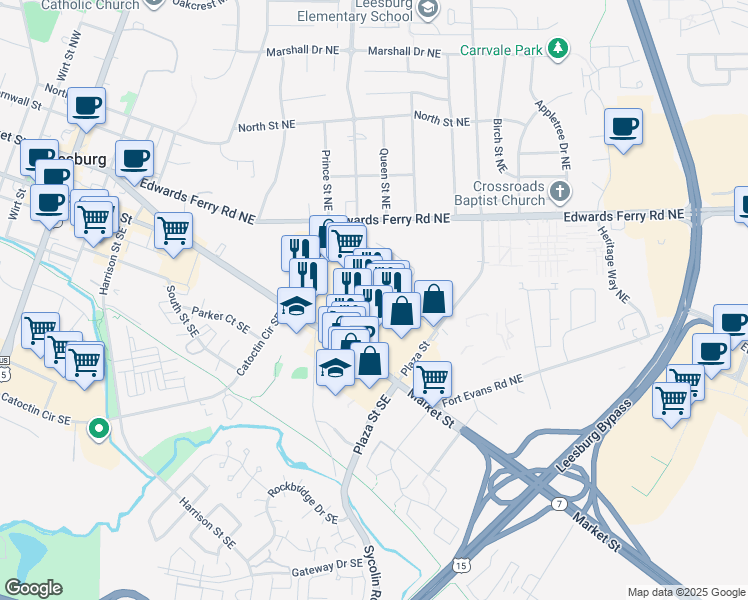map of restaurants, bars, coffee shops, grocery stores, and more near 510 East Market Street in Leesburg