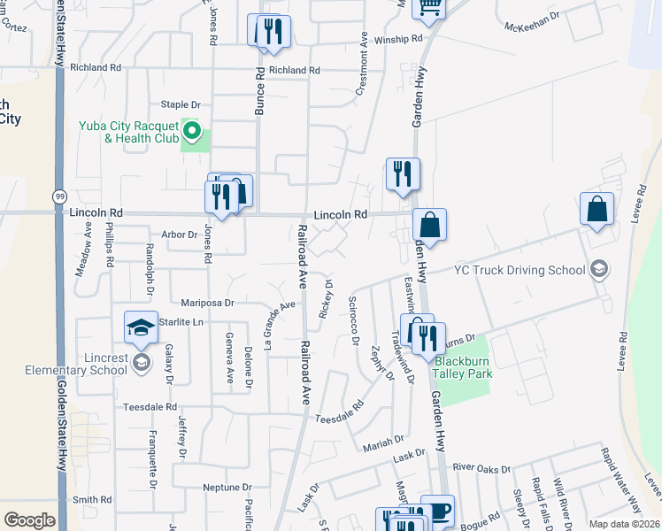 map of restaurants, bars, coffee shops, grocery stores, and more near 750 Lincoln Road in Yuba City