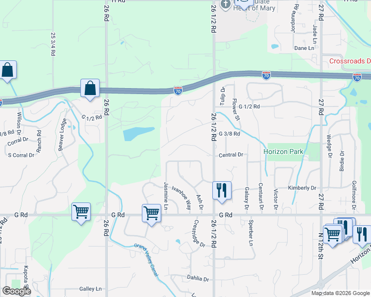 map of restaurants, bars, coffee shops, grocery stores, and more near 2635 Central Drive in Grand Junction
