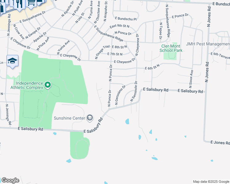 map of restaurants, bars, coffee shops, grocery stores, and more near 406 North Geronimo Drive in Independence