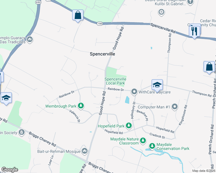 map of restaurants, bars, coffee shops, grocery stores, and more near 1600 Rainbow Drive in Silver Spring