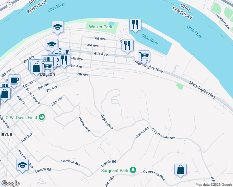 map of restaurants, bars, coffee shops, grocery stores, and more near 493 Riverpointe Drive in Dayton