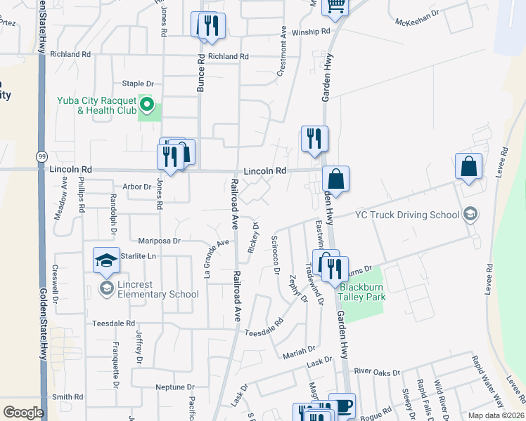 map of restaurants, bars, coffee shops, grocery stores, and more near 750 Lincoln Road in Yuba City