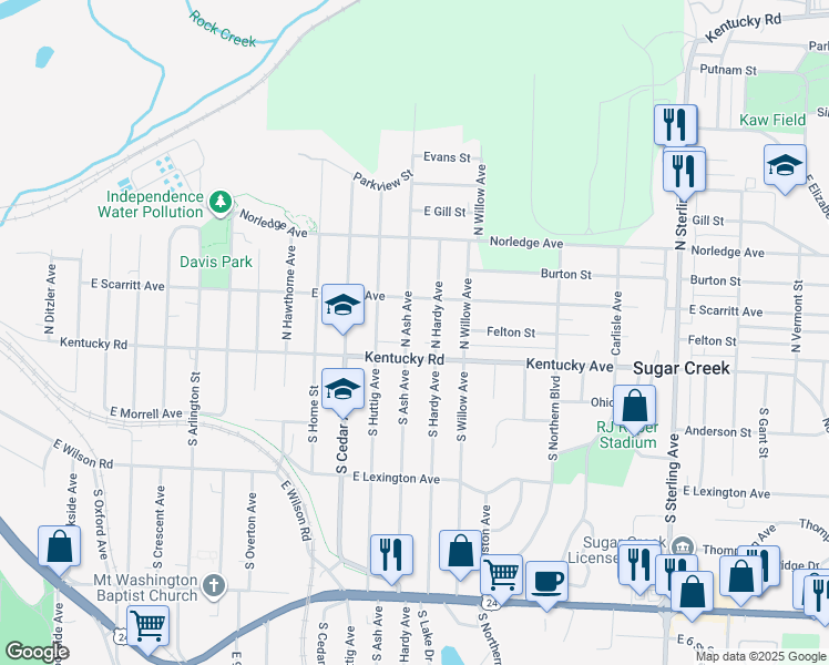 map of restaurants, bars, coffee shops, grocery stores, and more near 119 North Ash Avenue in Independence