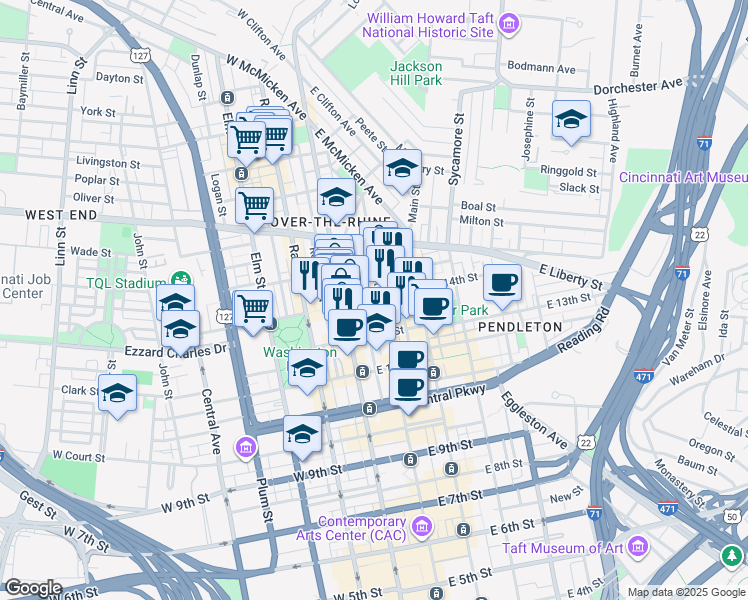 map of restaurants, bars, coffee shops, grocery stores, and more near 1341 Walnut Street in Cincinnati