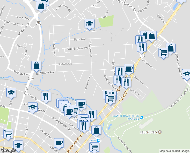map of restaurants, bars, coffee shops, grocery stores, and more near 9523N North Laurel Road in Laurel