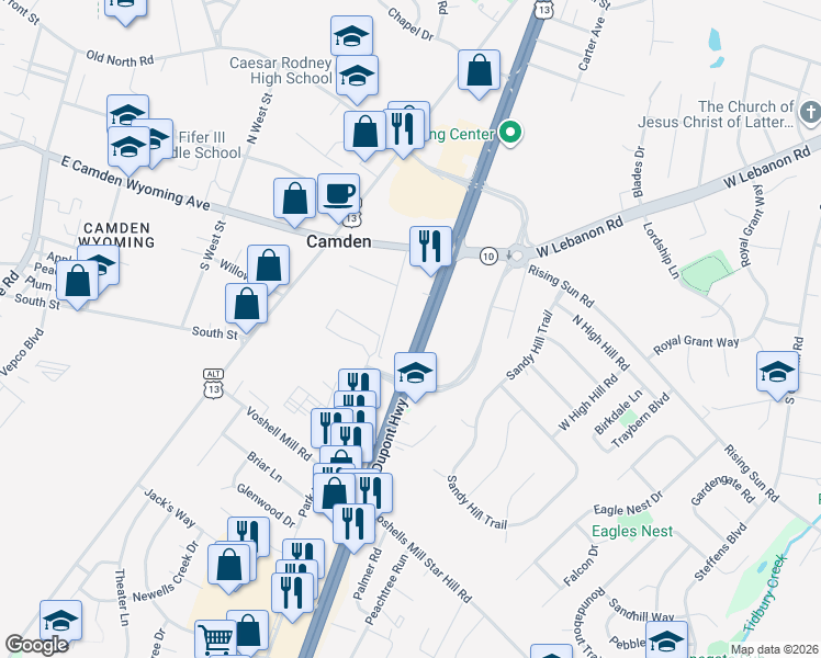 map of restaurants, bars, coffee shops, grocery stores, and more near 3500 South Dupont Highway in Dover