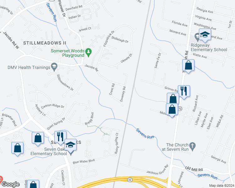 map of restaurants, bars, coffee shops, grocery stores, and more near 8706 Downey Road in Severn