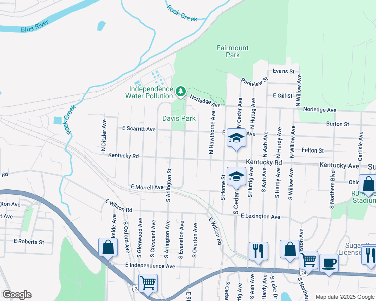 map of restaurants, bars, coffee shops, grocery stores, and more near 106 North Evanston Avenue in Independence