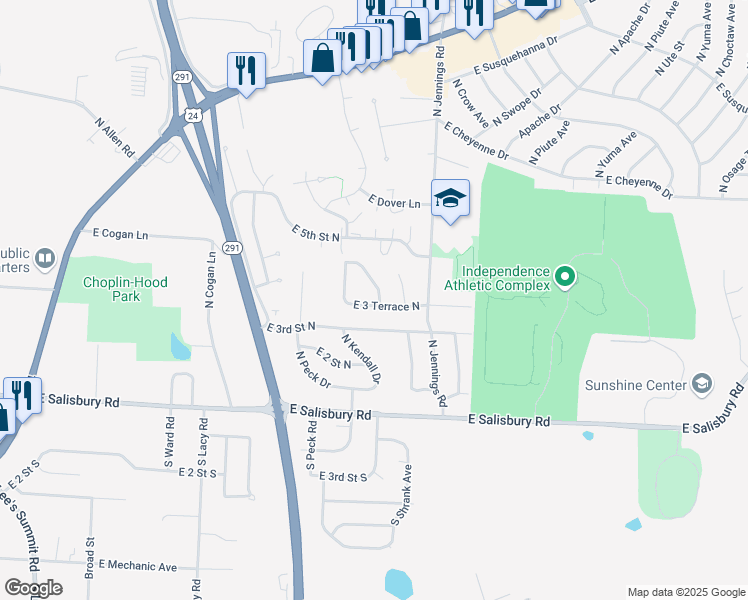 map of restaurants, bars, coffee shops, grocery stores, and more near 332 North Downey Avenue in Independence
