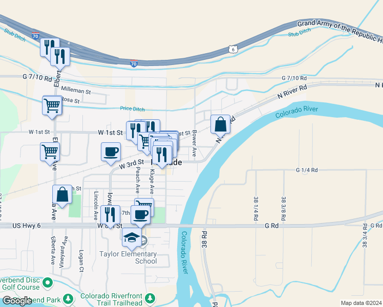 map of restaurants, bars, coffee shops, grocery stores, and more near 159 East 2nd Street in Palisade