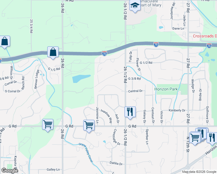 map of restaurants, bars, coffee shops, grocery stores, and more near 2635 Central Drive in Grand Junction