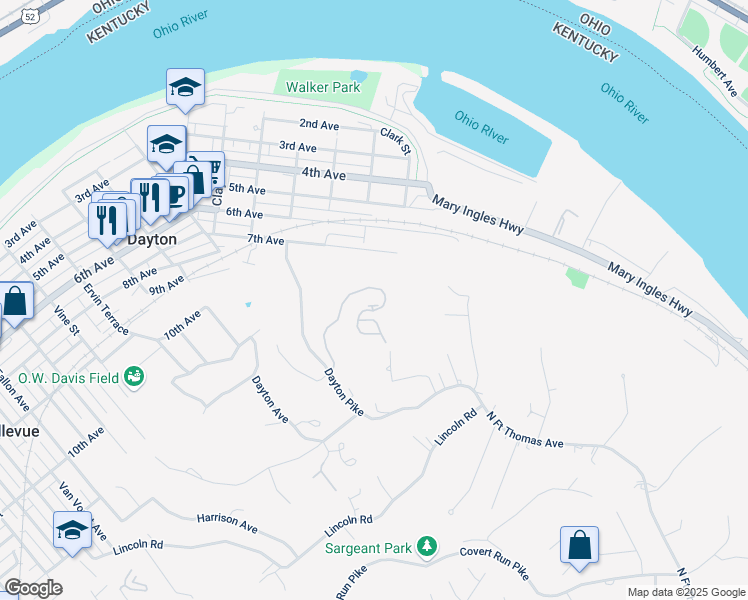 map of restaurants, bars, coffee shops, grocery stores, and more near 493 Riverpointe Drive in Dayton