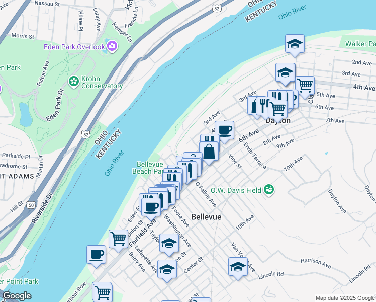 map of restaurants, bars, coffee shops, grocery stores, and more near 135 4th Avenue in Dayton