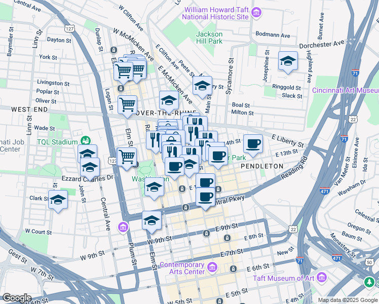 map of restaurants, bars, coffee shops, grocery stores, and more near 1415 Walnut Street in Cincinnati
