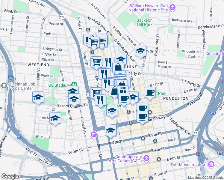 map of restaurants, bars, coffee shops, grocery stores, and more near 1419 Race Street in Cincinnati