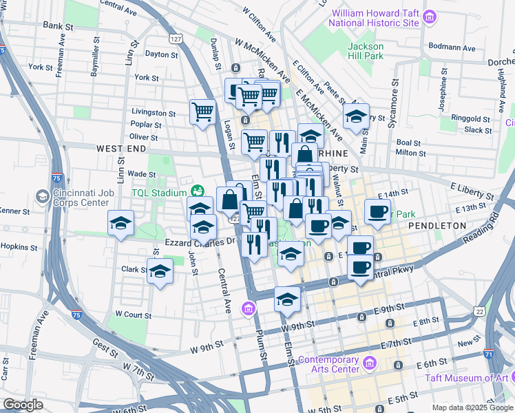 map of restaurants, bars, coffee shops, grocery stores, and more near 1429 Elm Street in Cincinnati
