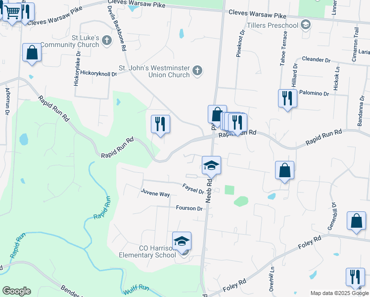 map of restaurants, bars, coffee shops, grocery stores, and more near 5765 Rapid Run Road in Cincinnati