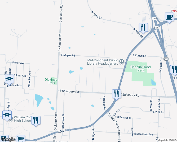 map of restaurants, bars, coffee shops, grocery stores, and more near 1804 North Rogers Street in Independence