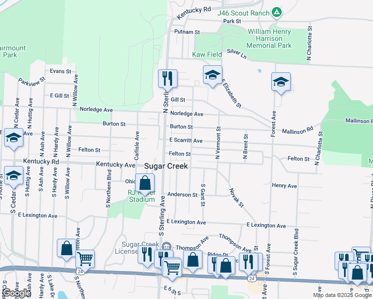 map of restaurants, bars, coffee shops, grocery stores, and more near 11221 East Scarritt Avenue in Sugar Creek