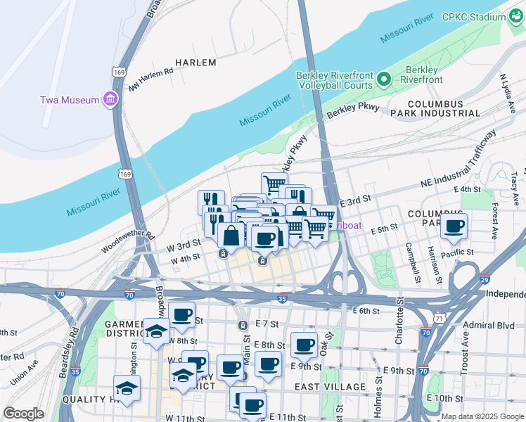 map of restaurants, bars, coffee shops, grocery stores, and more near 108 Walnut Street in Kansas City