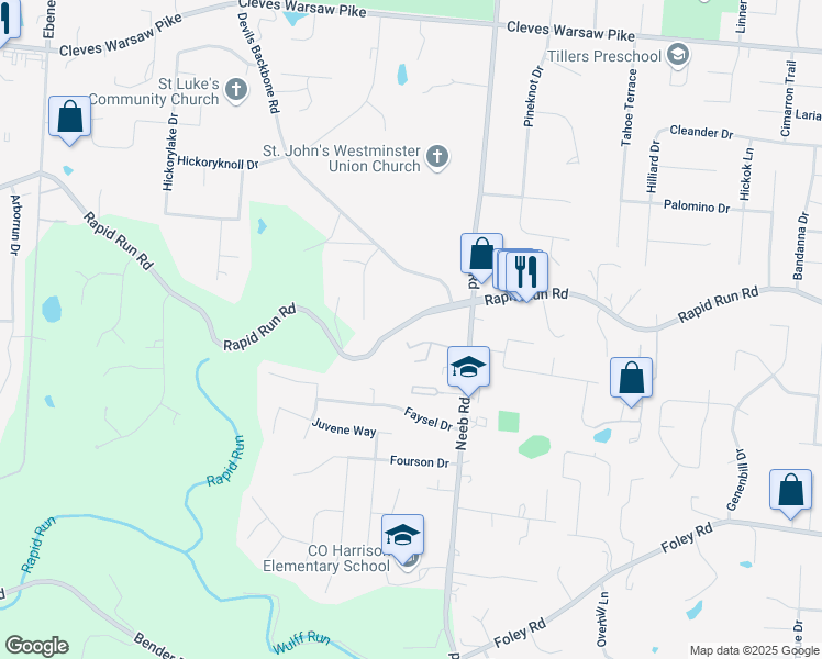 map of restaurants, bars, coffee shops, grocery stores, and more near 5765 Rapid Run Road in Cincinnati