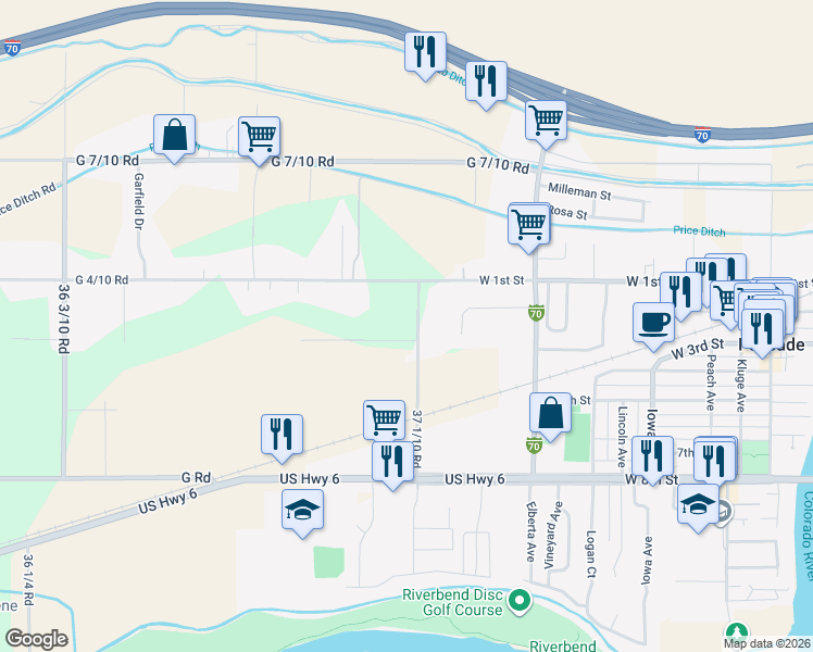 map of restaurants, bars, coffee shops, grocery stores, and more near 733 37 1/10 Road in Palisade