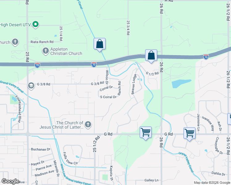 map of restaurants, bars, coffee shops, grocery stores, and more near 2563 Corral Drive in Grand Junction