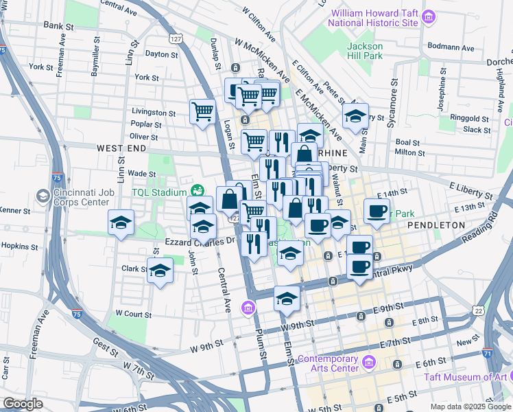 map of restaurants, bars, coffee shops, grocery stores, and more near 1429 Elm Street in Cincinnati