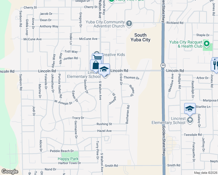 map of restaurants, bars, coffee shops, grocery stores, and more near 1172 Joseph Street in Yuba City