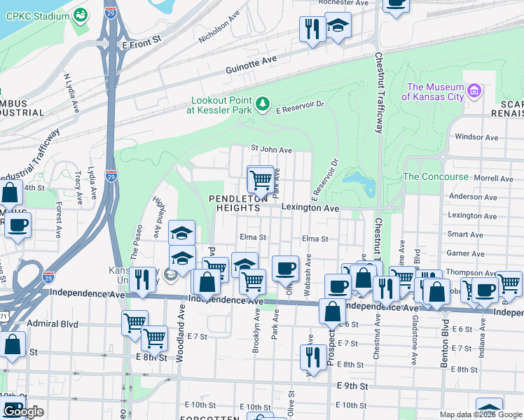 map of restaurants, bars, coffee shops, grocery stores, and more near 2201 Lexington Avenue in Kansas City